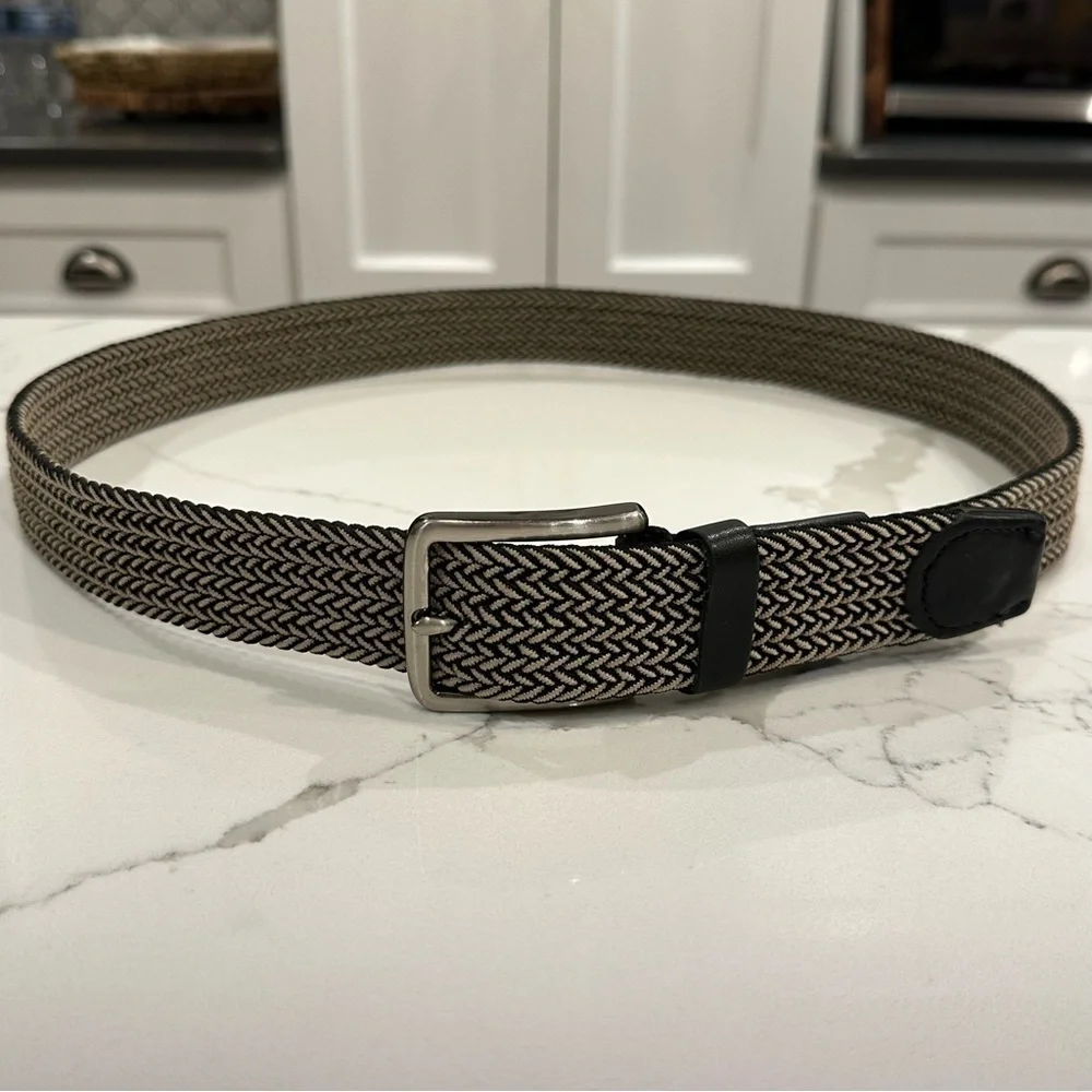 Tommy Bahama Mens Black Beige Leather Fabric Stretch Braided Belt Adjustable S/M